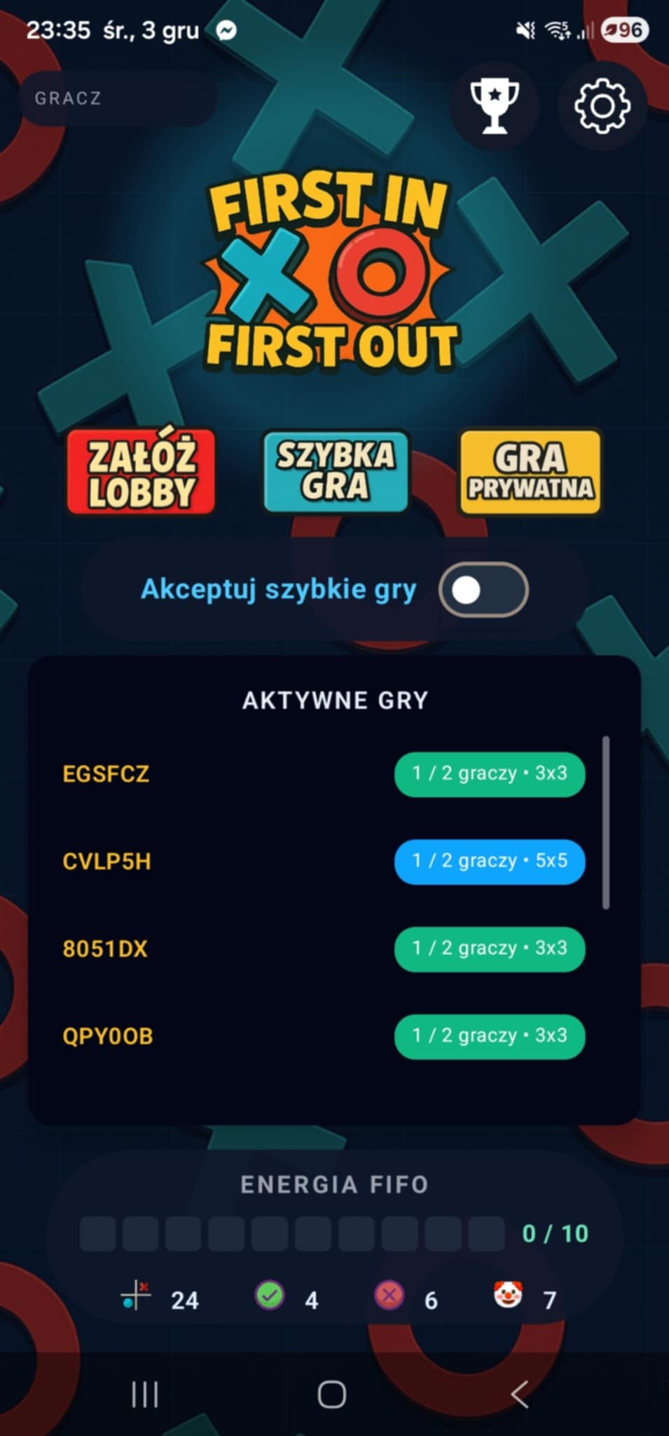 Zrzut ekranu z gry X/O FiFo
